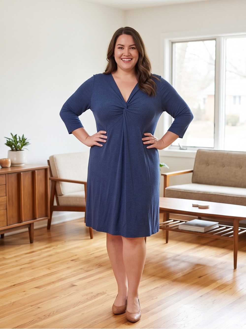 Fat Face Jersey Knit Dress, V Neck With Knot Detail, Navy Blue Plus Size 18